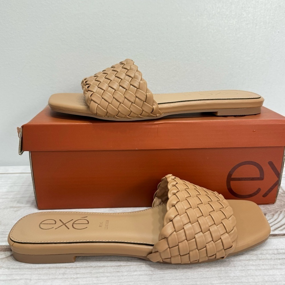 exe Kellly 556 Beige Braided Woven Genuine Leather Flat Slide Sandals